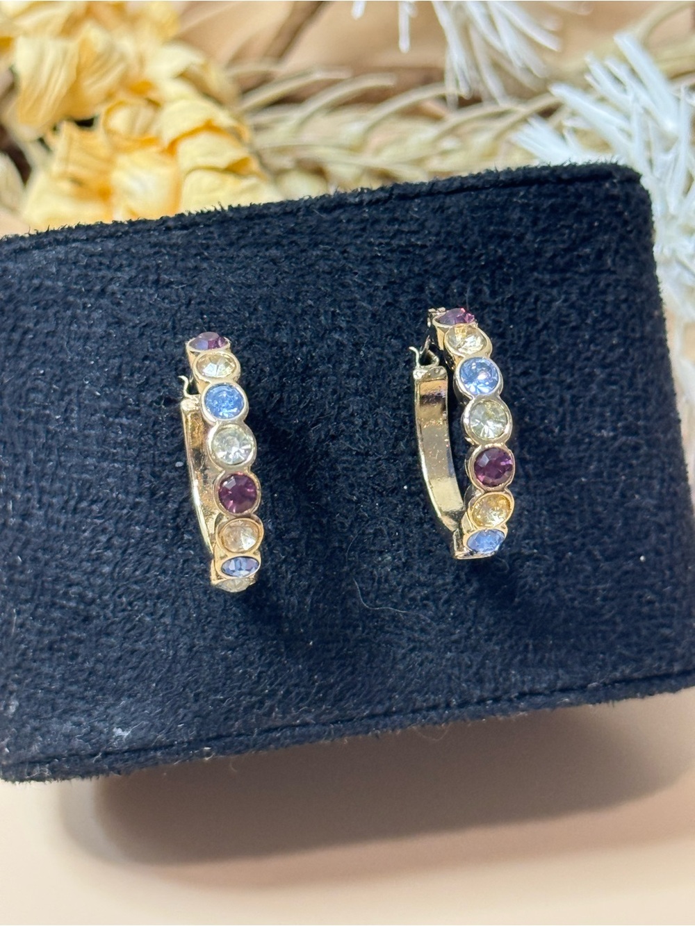 Gold Tone Multicolor Rhinestone Hoop Earrings Purple Blue Clear Stones